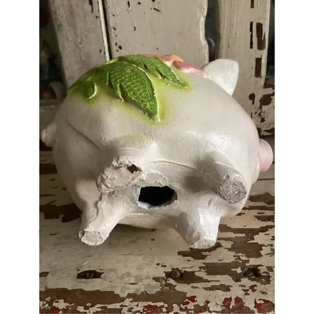Mexico Folk Art Chalkwsre Plaster Piggy Bank Handmade 1970s Flowers